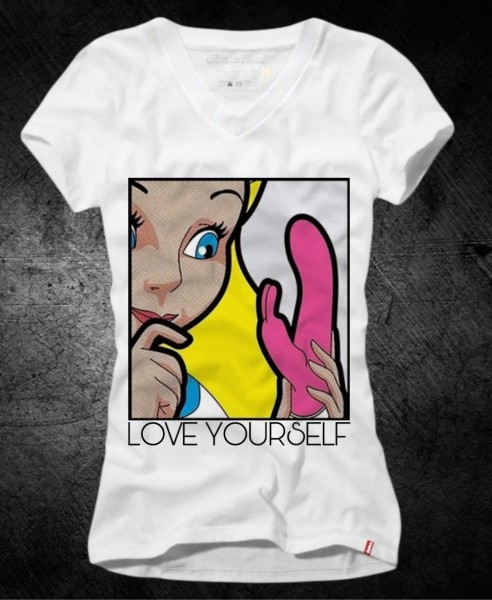 Frauen-Shirt LOVE YOURSELF - Vibrator, weiß mit V-Ausschnitt