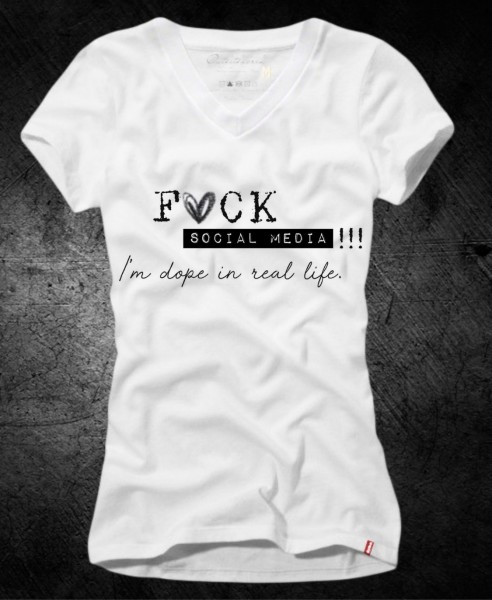 Frauen-Shirt FUCK SOCIAL MEDIA, weiß mit V-Ausschnitt