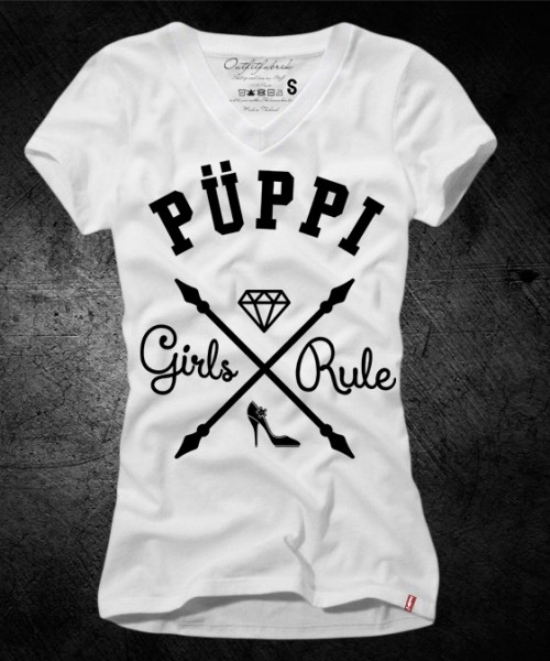 Frauen-Shirt PÜPPI - GIRLS RULE, weiß-schwarz mit V-Ausschnitt