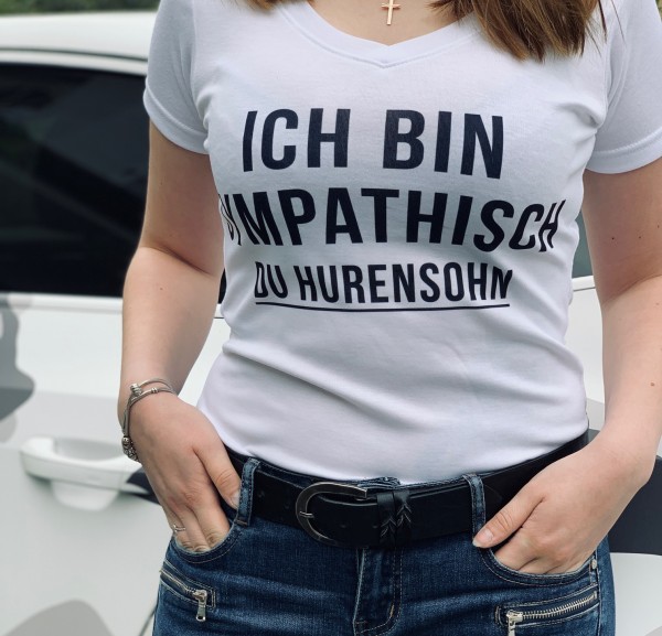 Frauen-Shirt HURENSOHN, weiß mit V-Ausschnitt